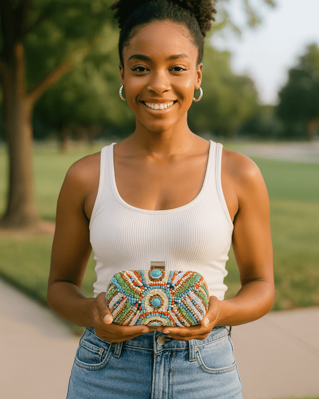 Woman holding a colourful beaded clutch in a park setting-Belle de Soiree beaded bag Josephine