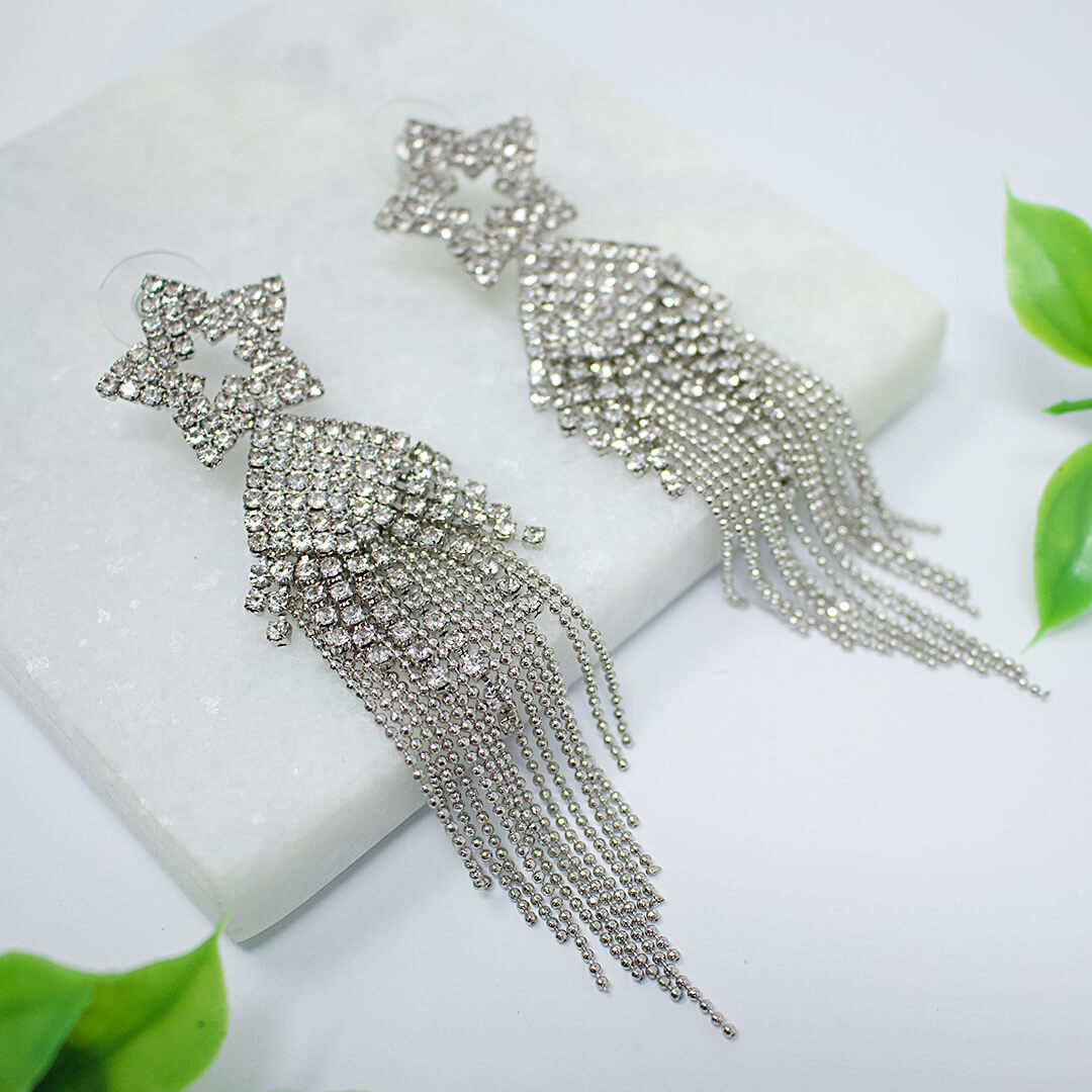 Dangling Long Earrings Starlight Express shown flat on a beautiful white display- BELLE DE SOIREE Dangling Long Earrings Starlight Express