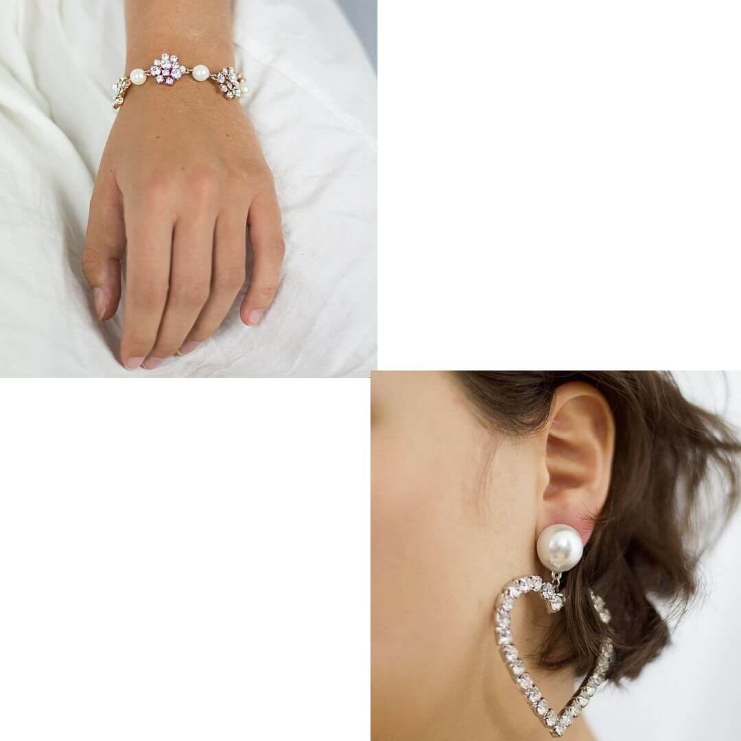 Diamante big heart Earrings + Crystal Pearl Rose Gold Bracelet- Belle de Soiree jewellery sets