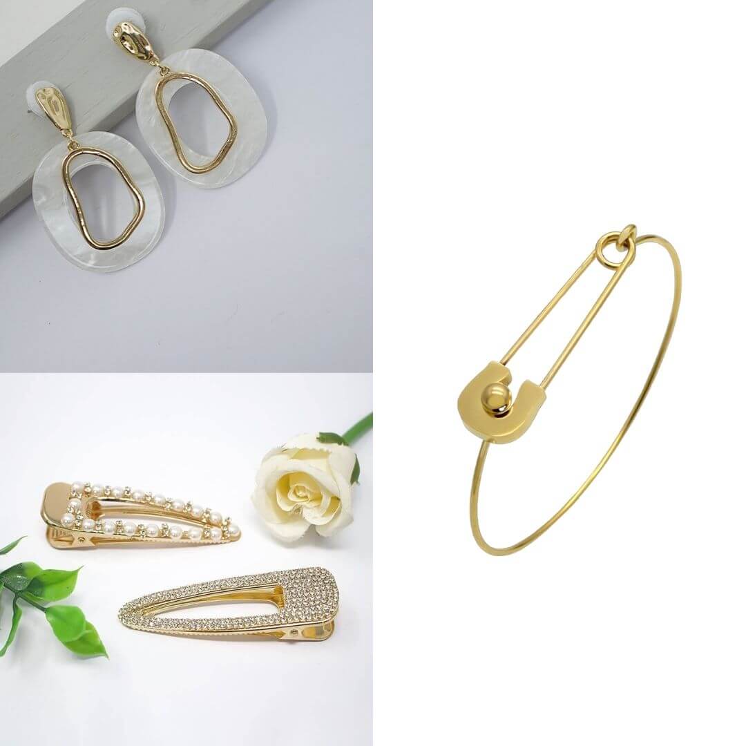 Vintage Gold Plated Bracelets, White & Silver Earrings + Crystal Hair Clips-Belle de Soiree new jewellery bundle on sale