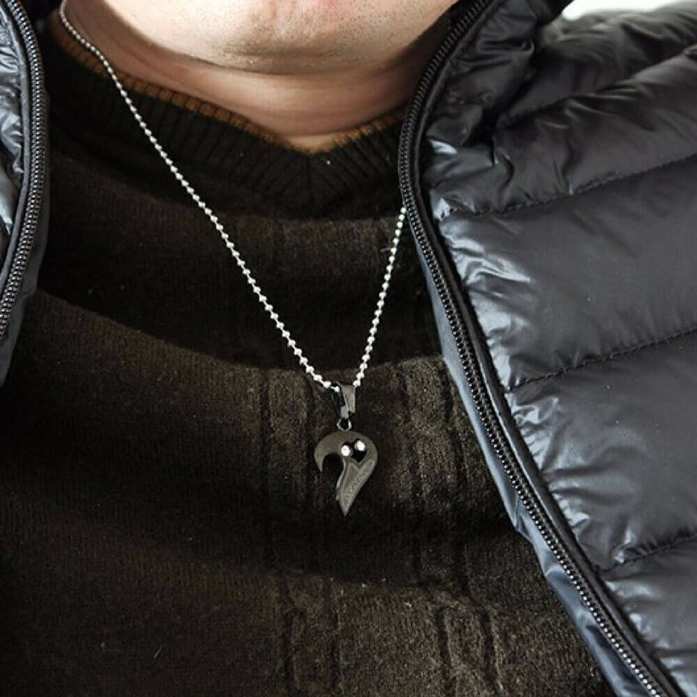 "The Heart Necklace for Couples" shown on a man- belledesoiree.com