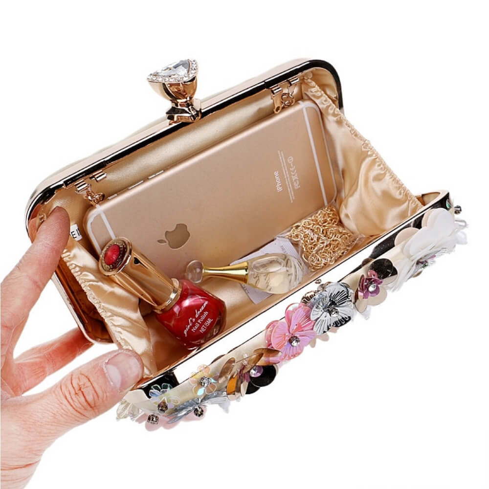 Satin Rhinestones Bag, flower Iris shown open, in which you can put an iPhone and other personal items - Belle de Soiree Iris flower clutch bag
