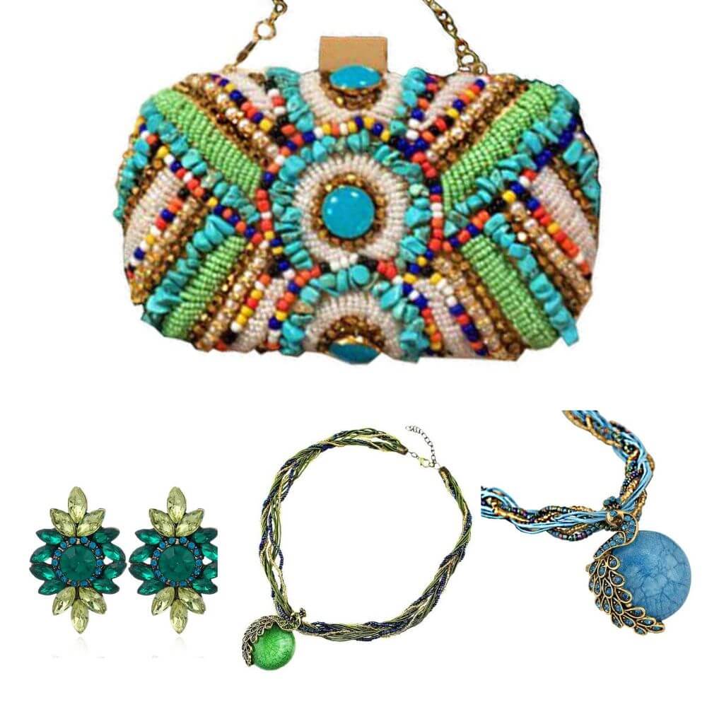 Green & blue Beaded Bag shown with matching jewellery- belle de soiree Colourful beaded bag Josephine