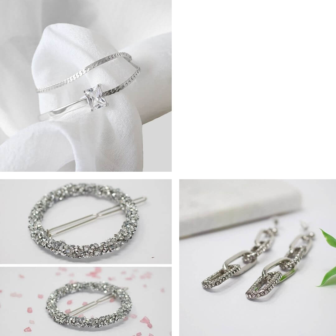 Adjustable Dazzling Silver Layer Bracelet + Silver Rhinestone Earrings + Crystal Hair Clip