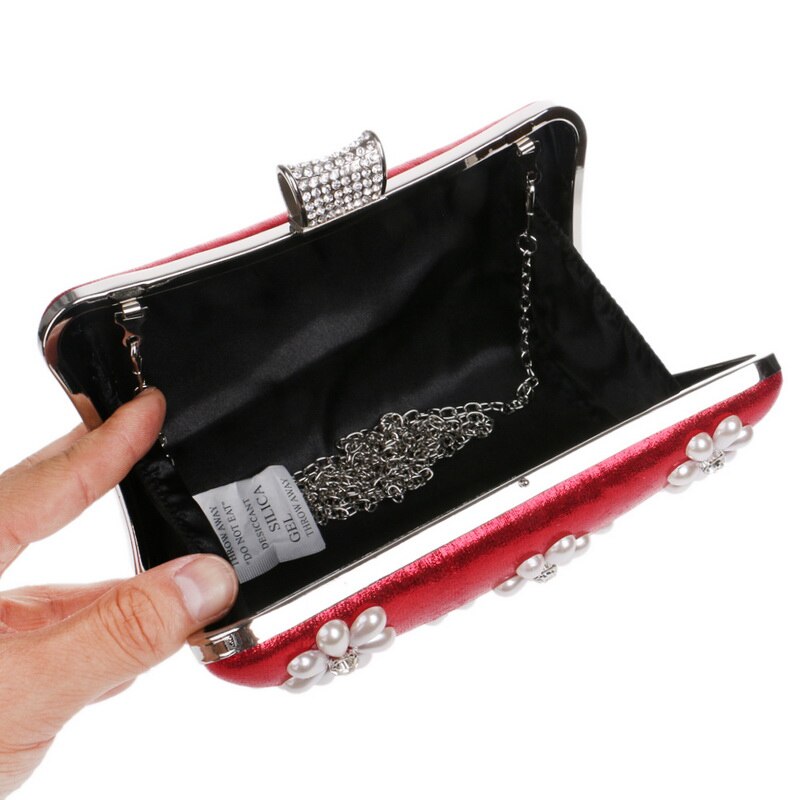 Red clutch bag Lili shown open with a silver chain- Belle de Soiree red clutch bag Lili