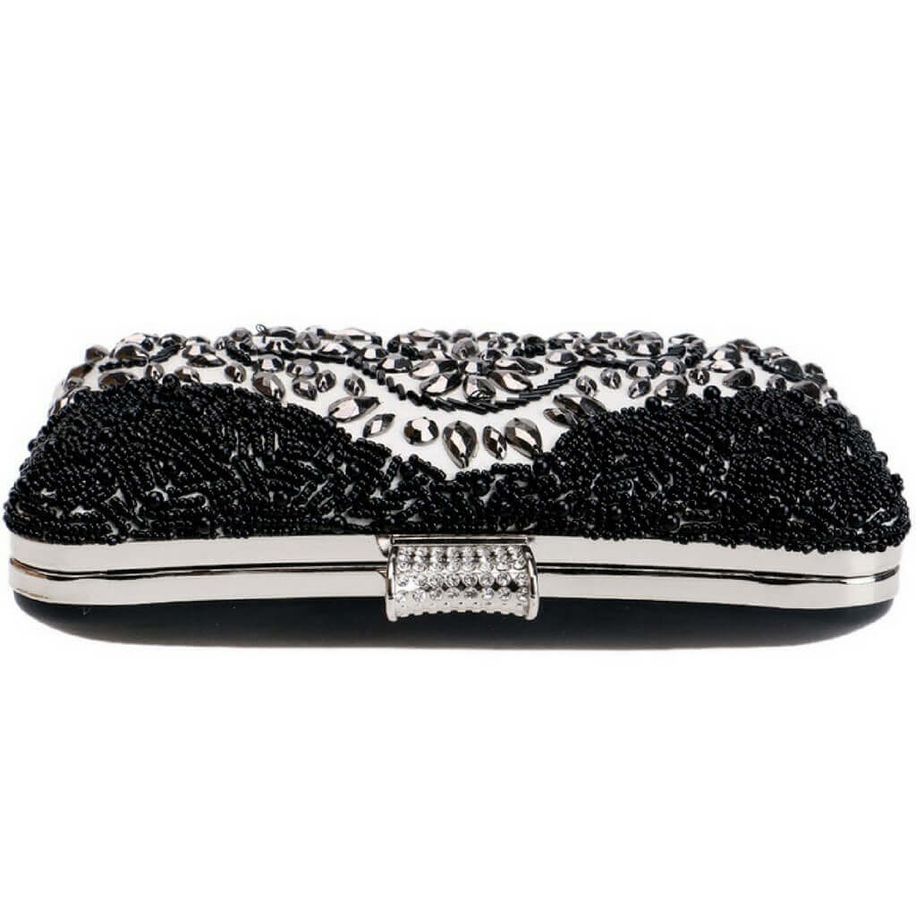 Rhinestones black & white party bag shown flat, closed with a rhinestones clasp- Belle de Soiree beautiful rhinestones black & silver clutch bag