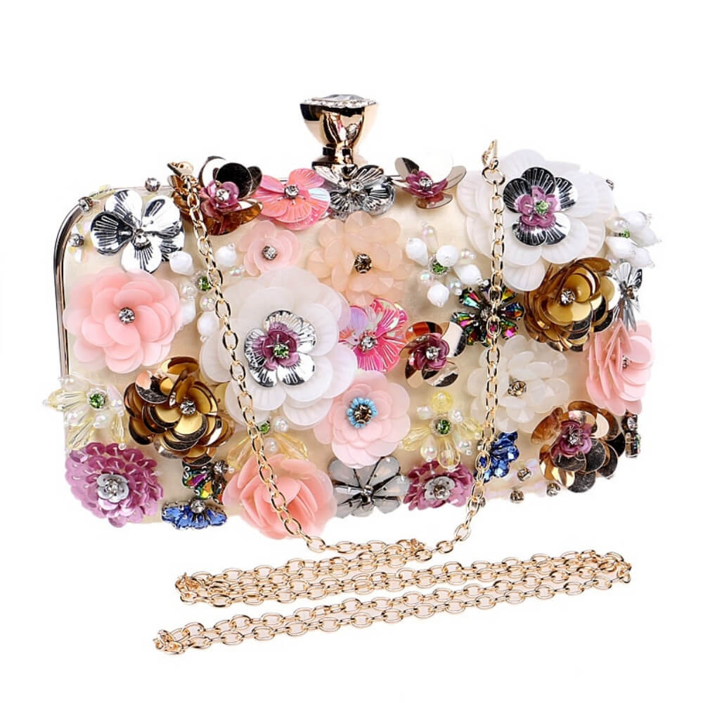 Satin Rhinestones Bag Iris showing the gold chain - belledesoiree.com