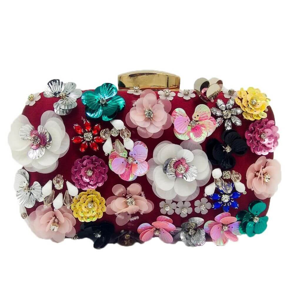 Flower Evening Crystal Clutch Tania with a burgundy colour for the back of the bag- Belle de Soiree Flower Clutch bag Tania