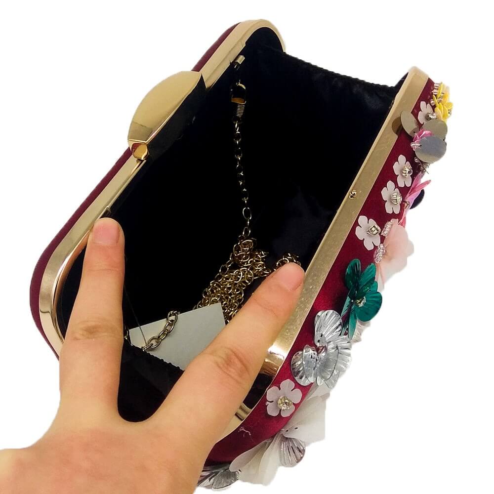 Flower Evening Crystal Clutch Tania shown open with gold chain on a white background - belledesoiree Tania clutch bag