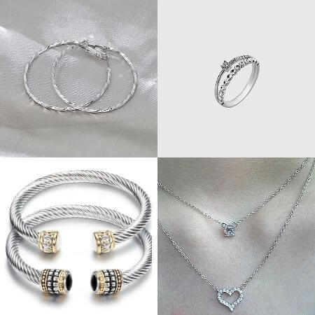Set of silver jewellery including a bracelet, a necklace, a ring, and a pair of earrings - belle de soiree silver sets on sale