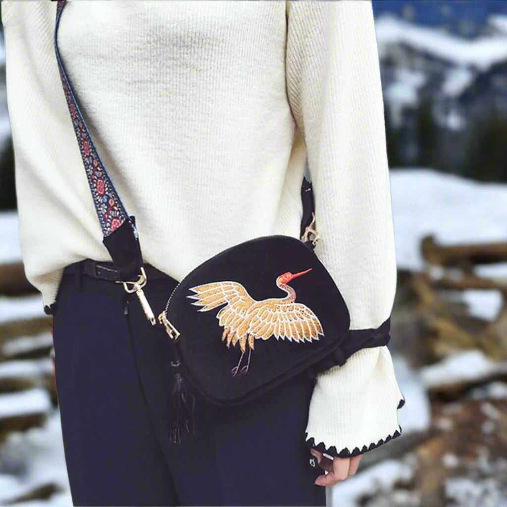 black velvet crossbody bag with decoration - Belledesoiree.com
