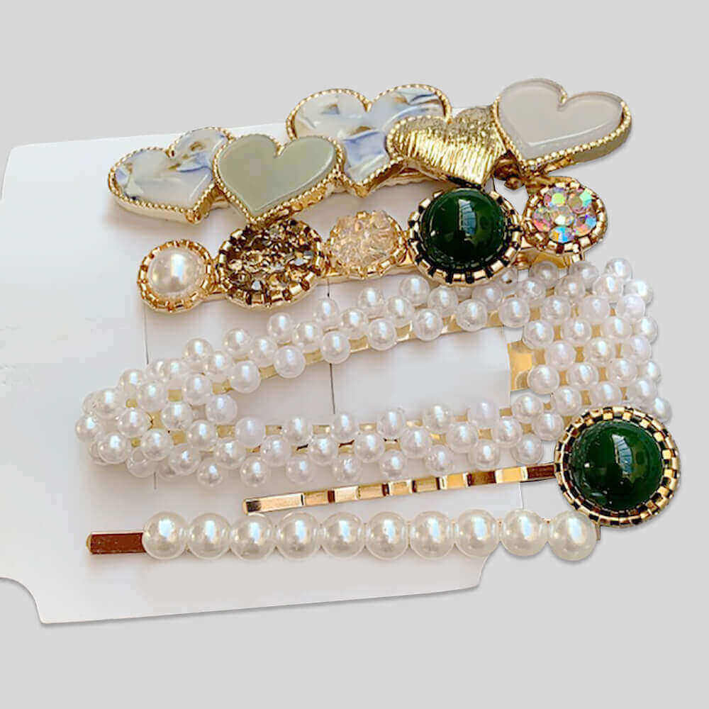 Set of decorative hair pins with pearls and gemstones on a white background-Belle de Soiree