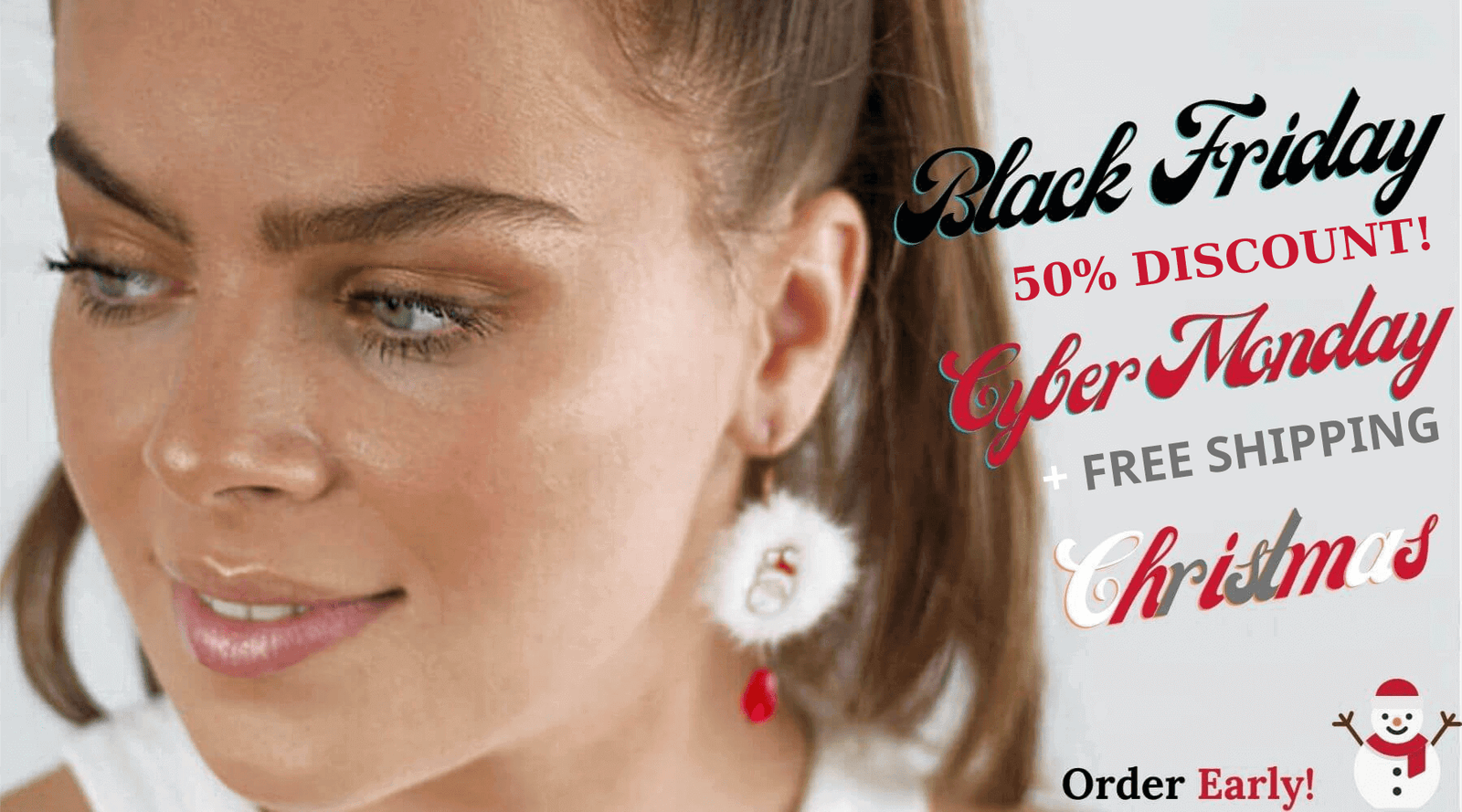 Woman wearing Christmas earrings with Black Friday, Cyber Monday, and Christmas promotional text overlay. Belle de Soiree