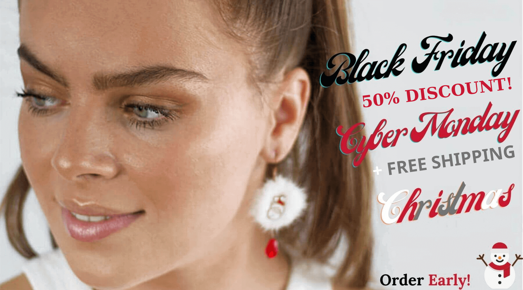 Woman wearing Christmas earrings with Black Friday, Cyber Monday, and Christmas promotional text overlay. Belle de Soiree