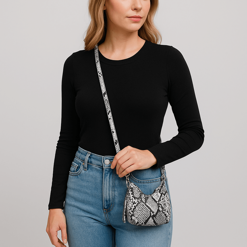Woman holding a small handbag with a snake print pattern -Genuine Leather bag Benedicte - belle de soiree
