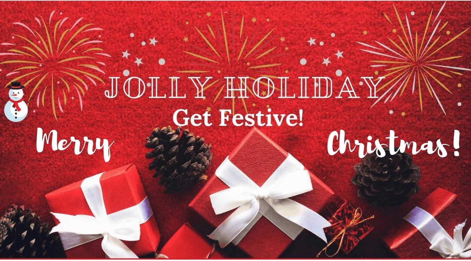 Red festive background with Christmas elements, presents, pinecones, and fireworks.