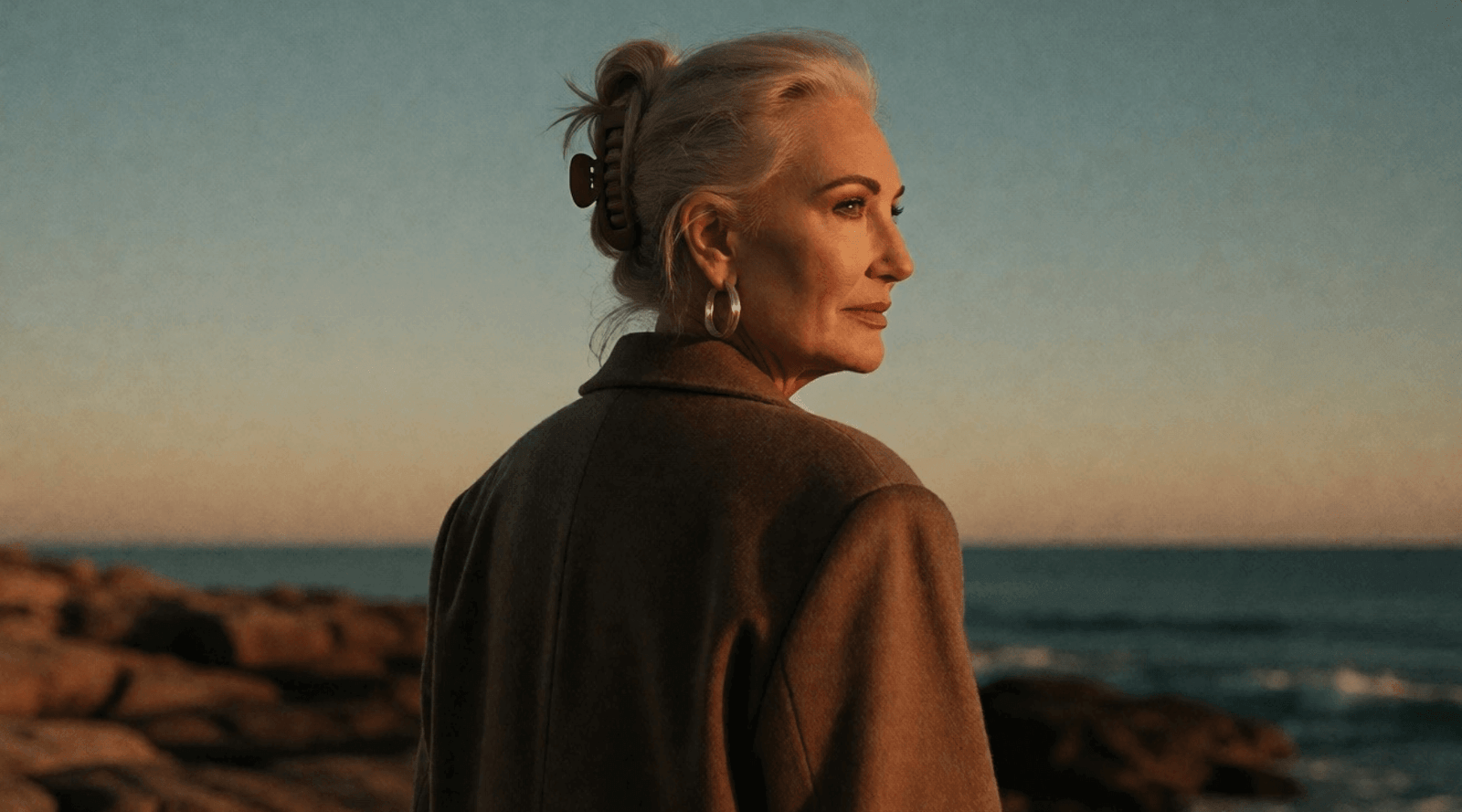 woman with gold hoop earrings is looking at the sunset by the sea