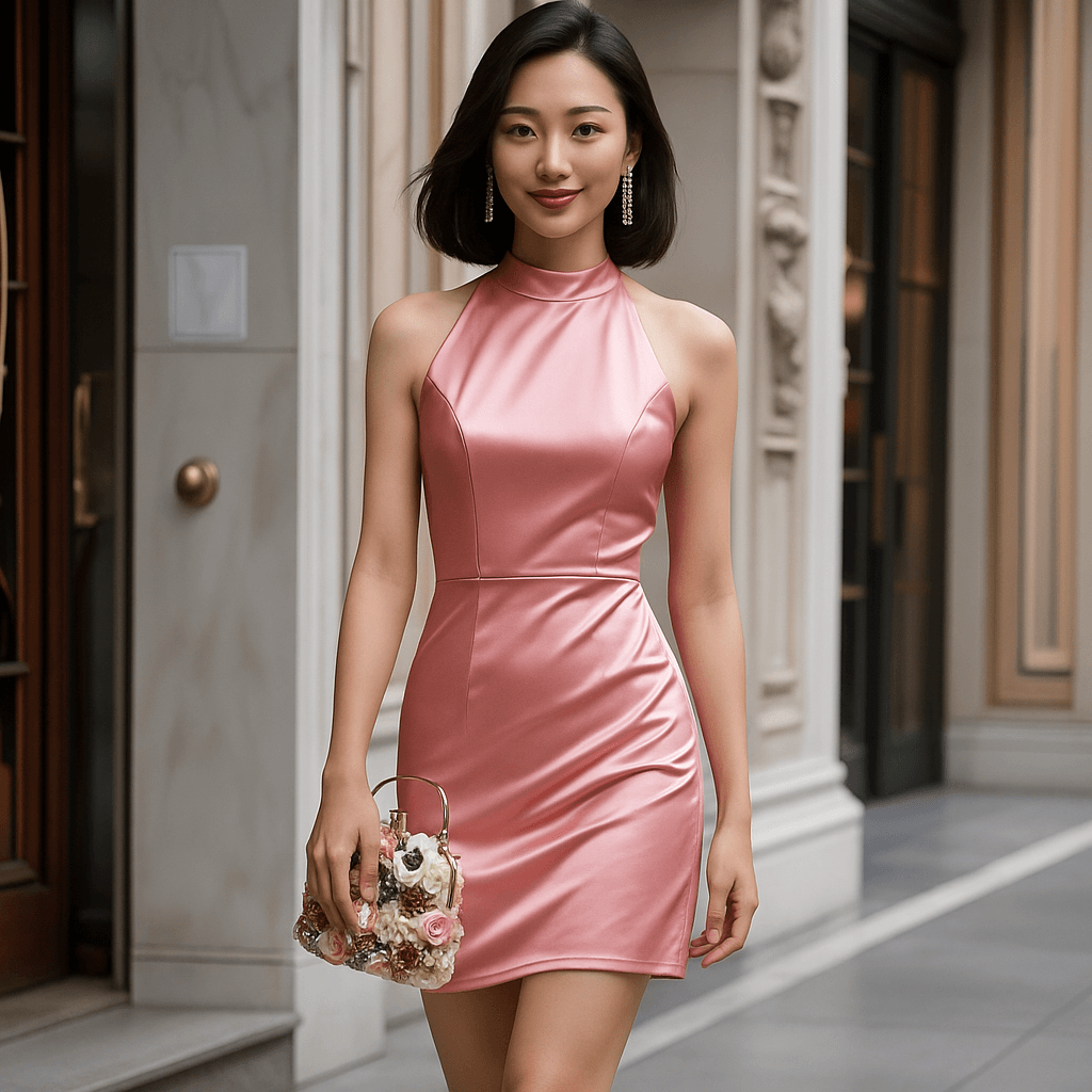 A woman in a pink dress carrying a matching party clutch 