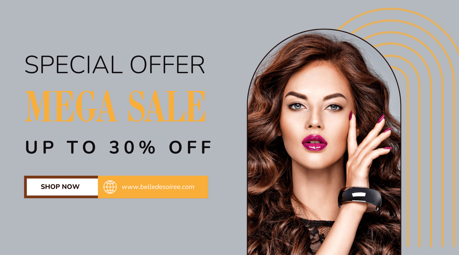 Promotional banner for a mega sale with text reading 'SPECIAL OFFER MEGA SALE UP TO 30% OFF' and a 'SHOP NOW' button, alongside a portrait of a woman with long wavy brown hair and a black smartwatch on her wrist against a gray background with gold arch lines.