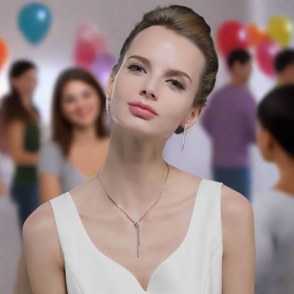 Woman in a white dress with a blurred background of people and balloons wearing a matching jewellry set