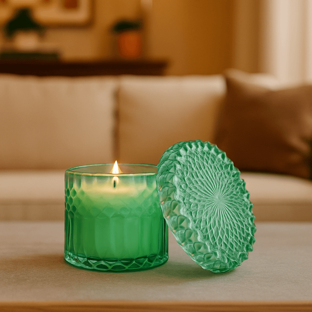 Green candle with decorative lid on a table in a cozy living room setting