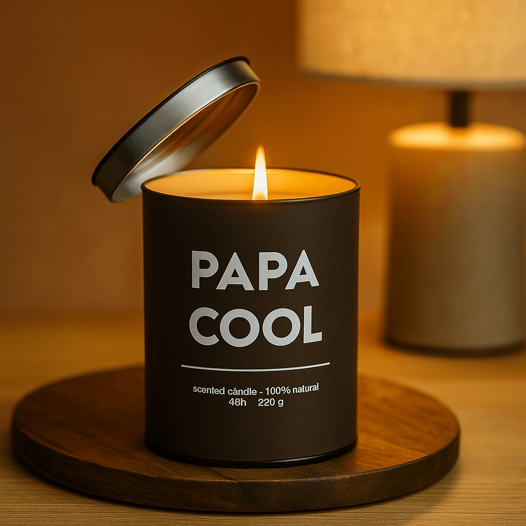 A candle in a brown container labelled 'Papa Cool' on a wooden surface with a warm glow.