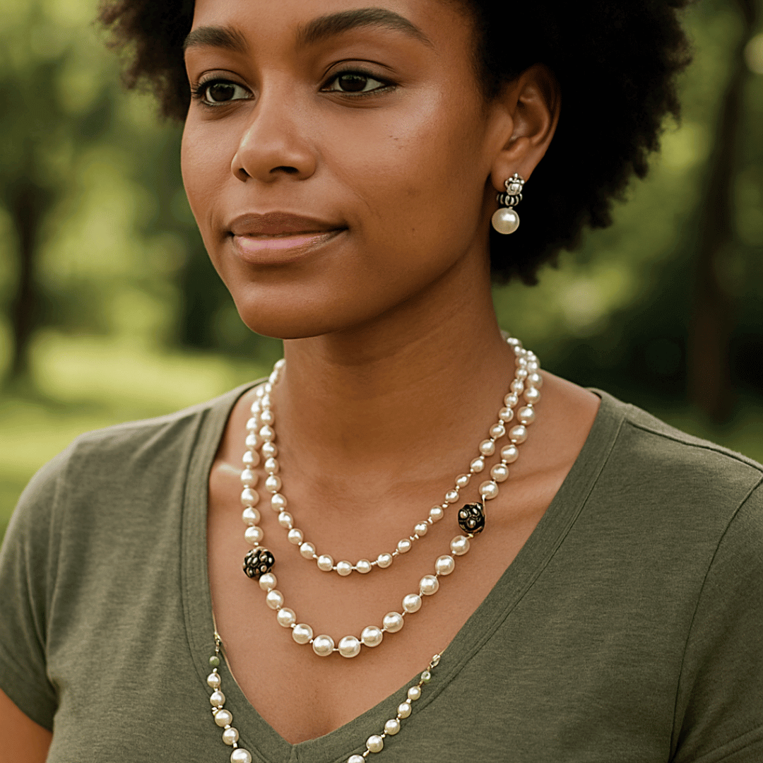 Woman wearing a pearl necklace and earrings outdoors