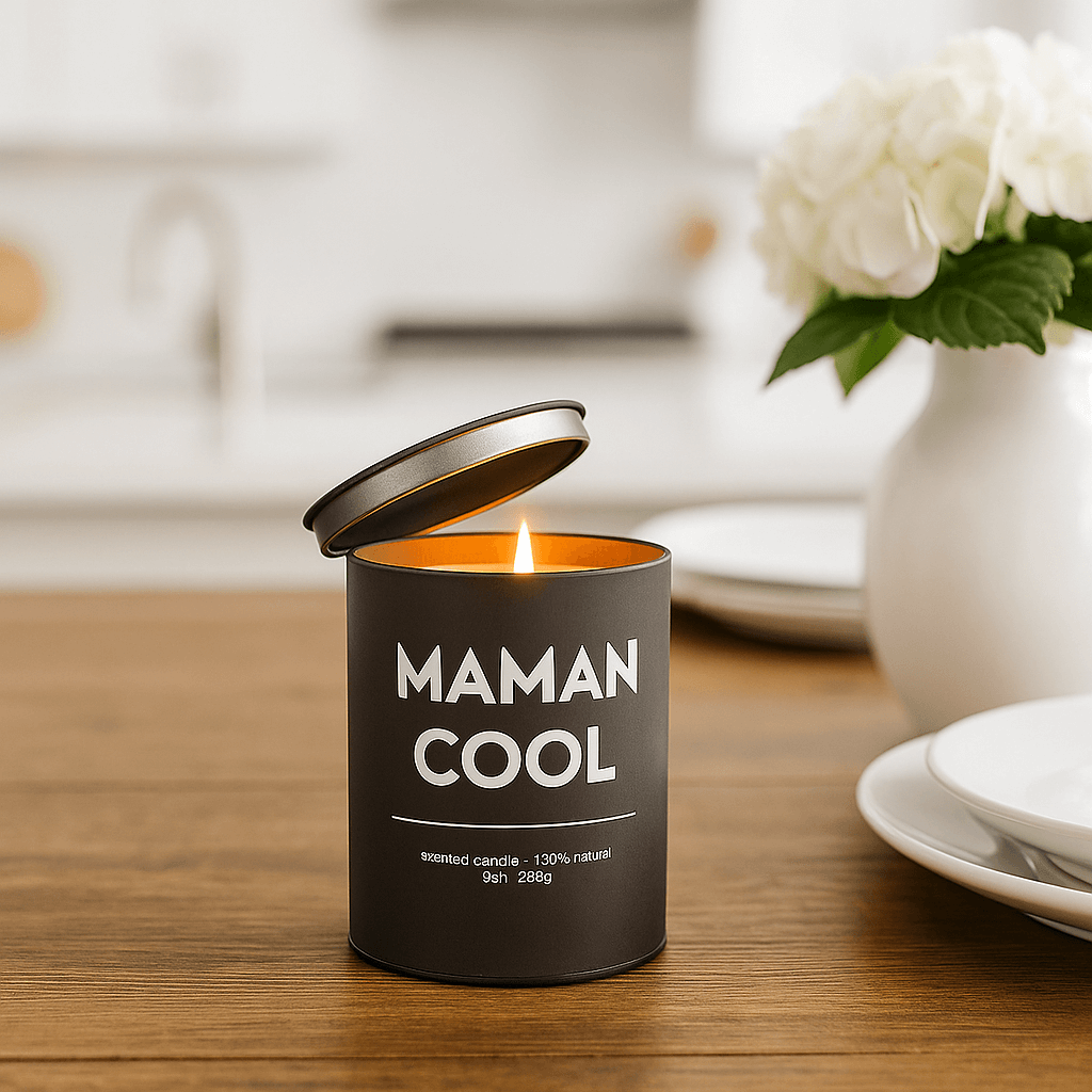 Candle labeled 'Maman Cool' on a wooden table with a blurred background