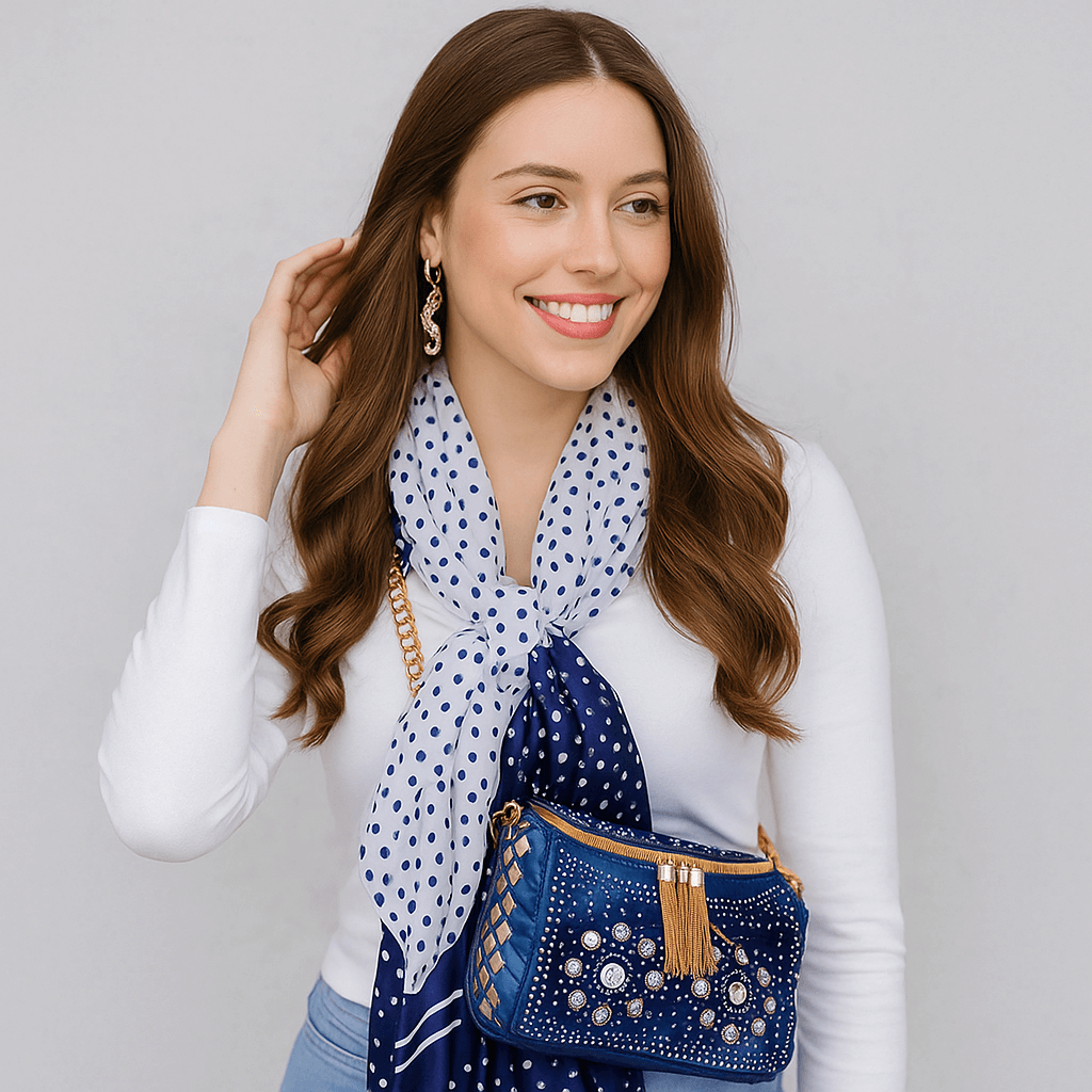 Woman wearing a blue polka dot scarf and carrying a matching blue handbag on a gray background