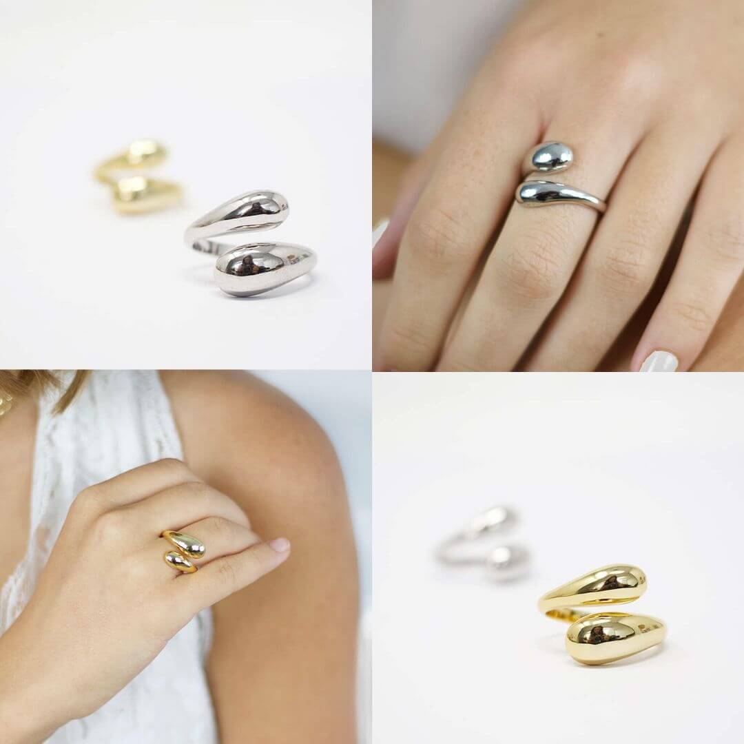A collage of four images featuring a 925 sterling silver resizable love ring with a gold-coloured band, displayed on different occasions and from different angles- BELLE DE SOIREE love gold & silver ring