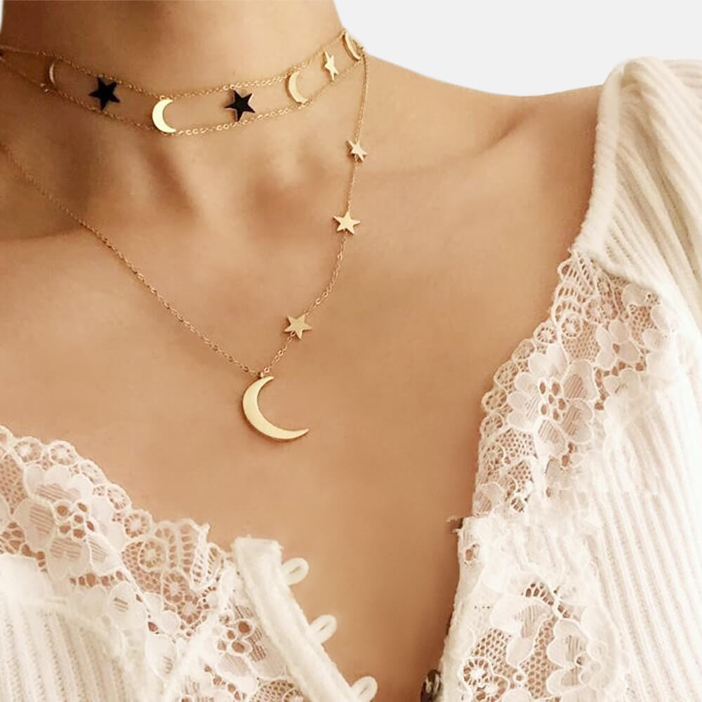 STAR JEWELRY＊RADIO STAR Gold Moon Off Center Moon and Stars Necklace Gold | Tiny Moon with Stars