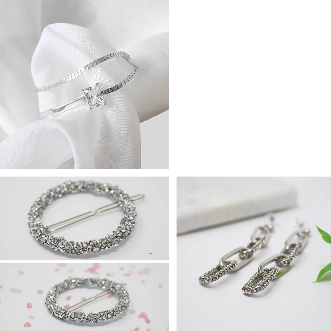 Adjustable Dazzling Silver Layer Bracelet + Silver Rhinestone Earrings + Crystal Hair Clip-Belle de Soiree adjustable rhinestones jewellery 3 pieces for the price of one