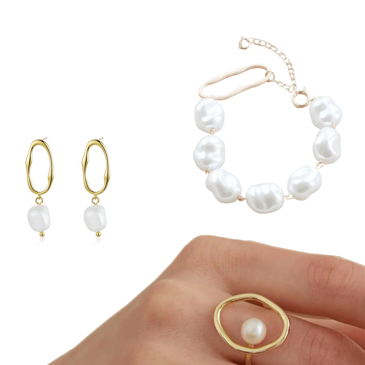  Pearl Bracelet &amp; Ring with Matching Earrings Set Amanda 