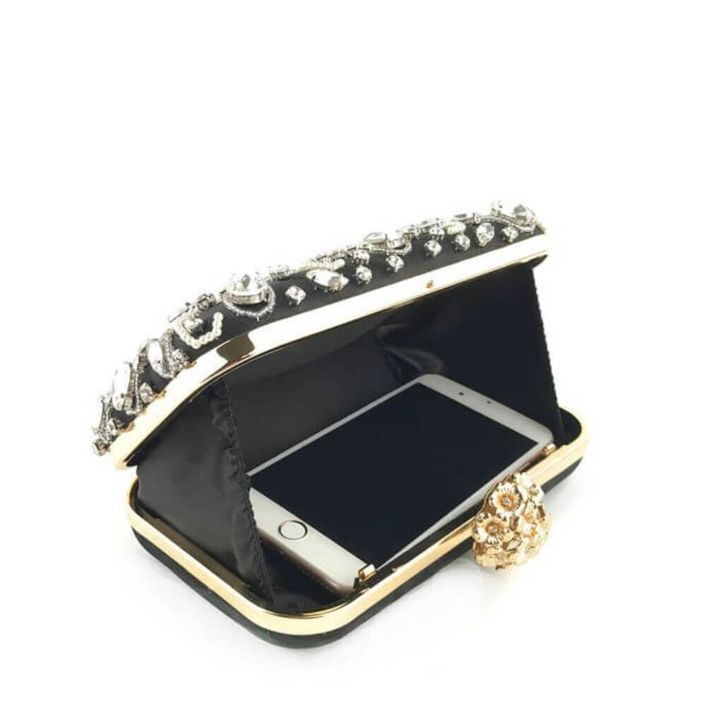 Beaded Rhinestone Evening Clutch Bag Aurora shown open - belle de soiree the Aurora evening clutch bag