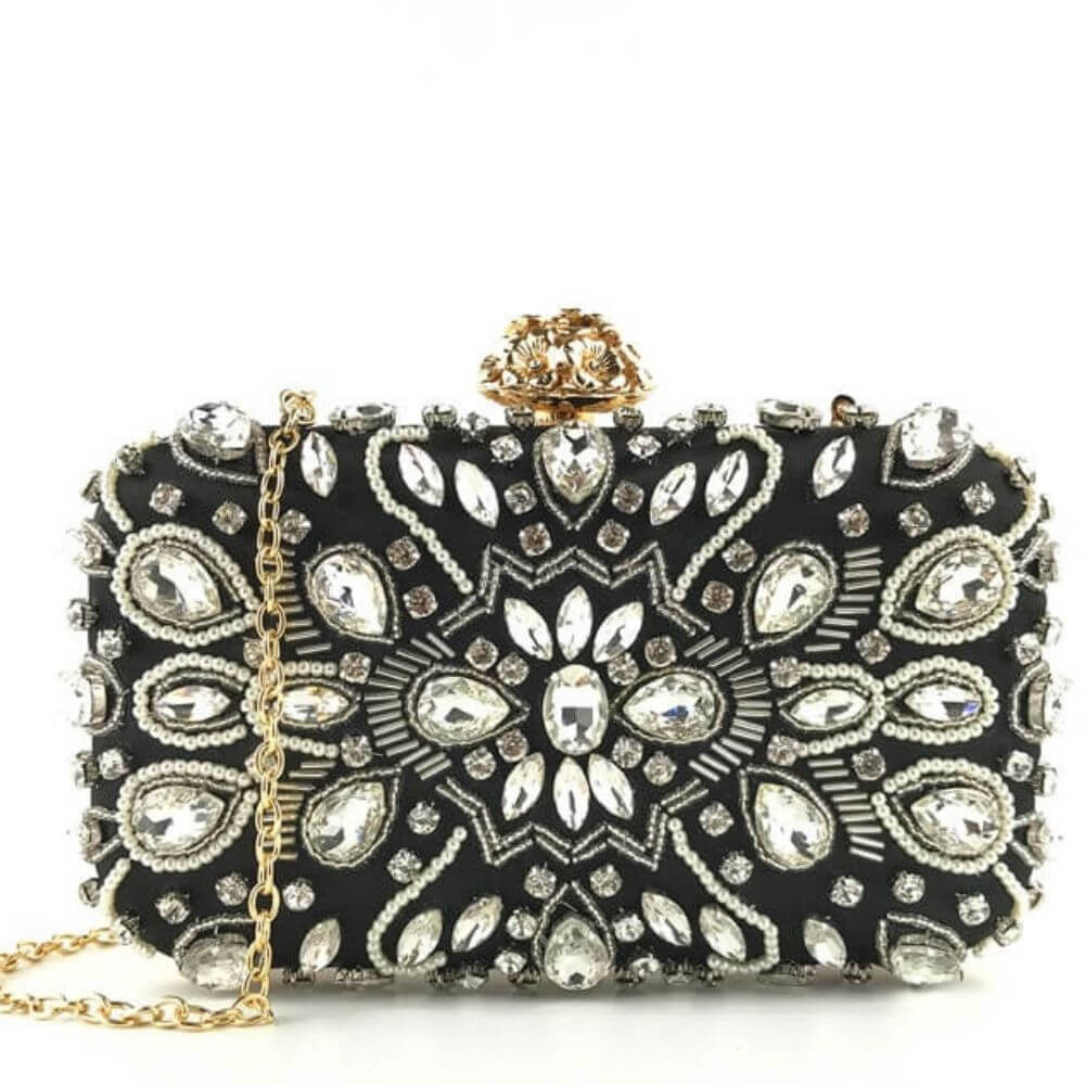 Beaded Rhinestone Evening Clutch Bag Aurora shown with a gold chain - belledesoiree.com