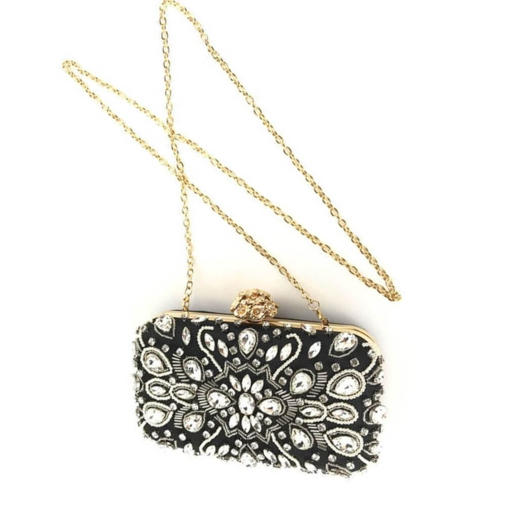 Beaded Rhinestone Evening Clutch Bag Aurora shown closed with a long gold chain on a white background - belledesoiree.com