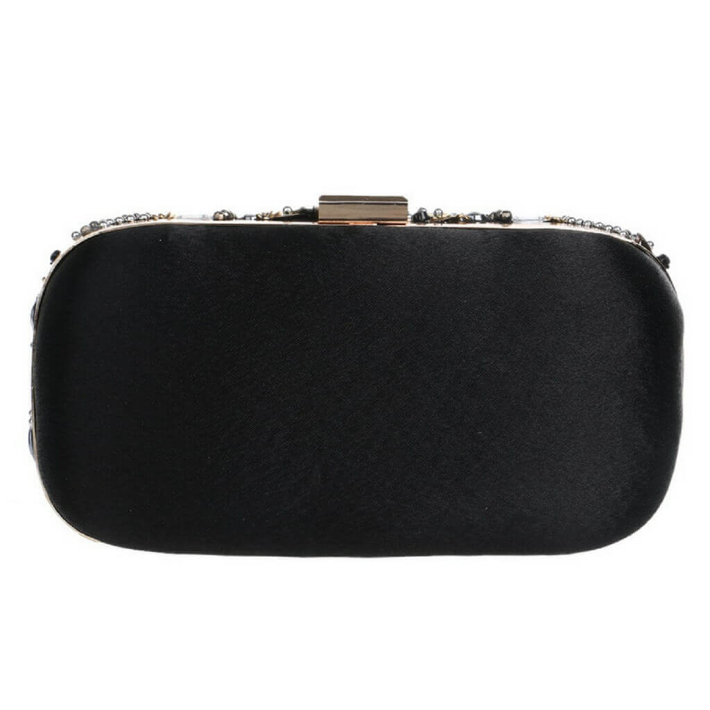 Bag To Compliment Your Look "The Flashy" shown from the back to show the black satin on a white background- Belle de Soiree, your evening clutch bag, the Flashy