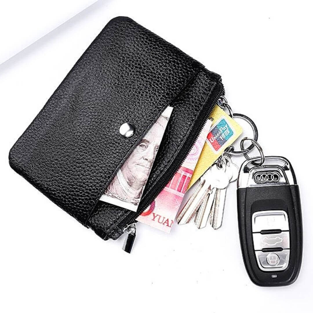 Black Genuine Leather Purse showing that you can add a keying, and insert cards and money-BELLE DE SOIREE BLACK GENUINE LEATHER PURSE IDEAL FOR GIFTS