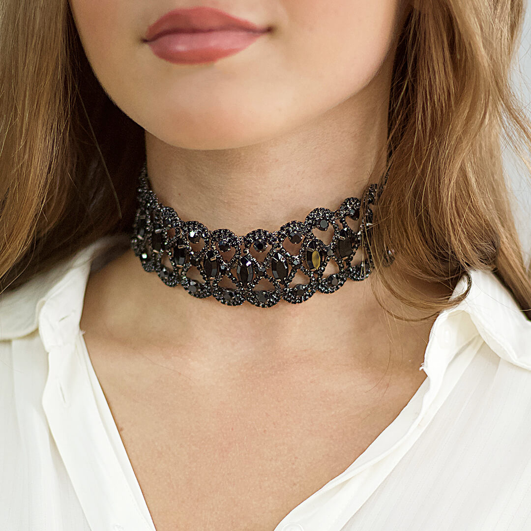 Stunning Black Rhinestone Choker Necklace- BELLE DE SOIREE