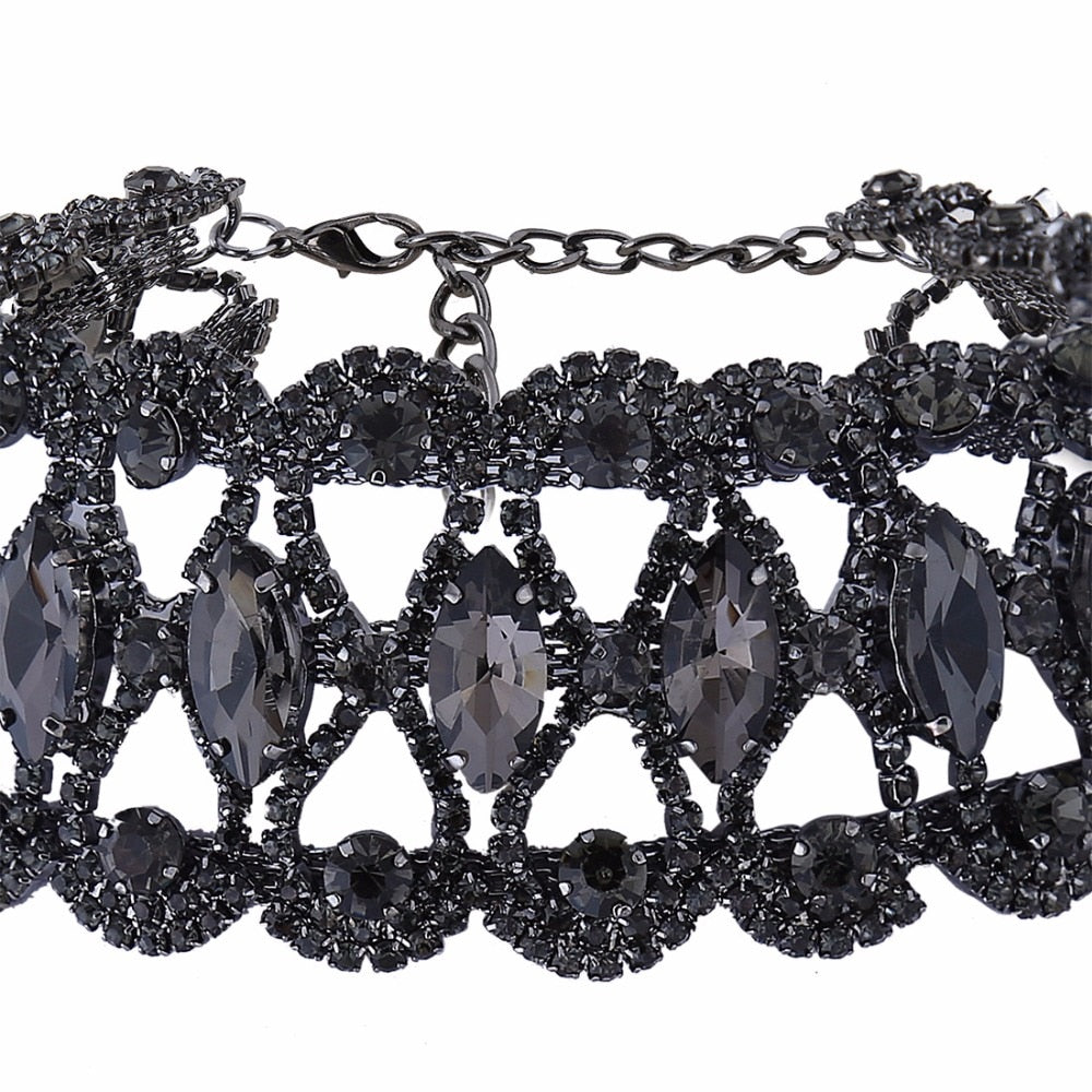 Black Rhinestone Choker Necklace Material shown up close- belledesoiree.com