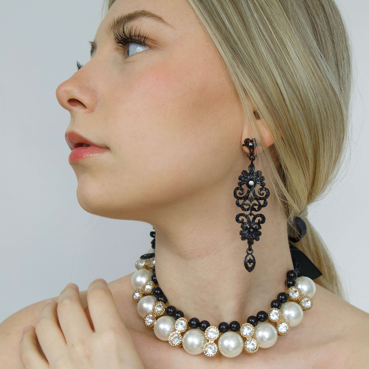Black Pearl Choker with black Matching Crystal Earrings on a blond woman- belle de soiree earrings & matching necklace