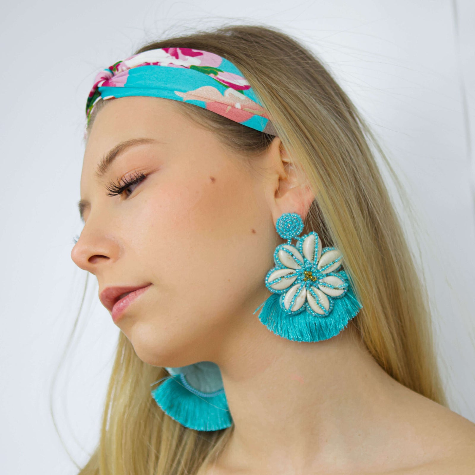Blue Drop Earrings Pippa shown on a blond model-BELLEDESOIREE Pippa earrings