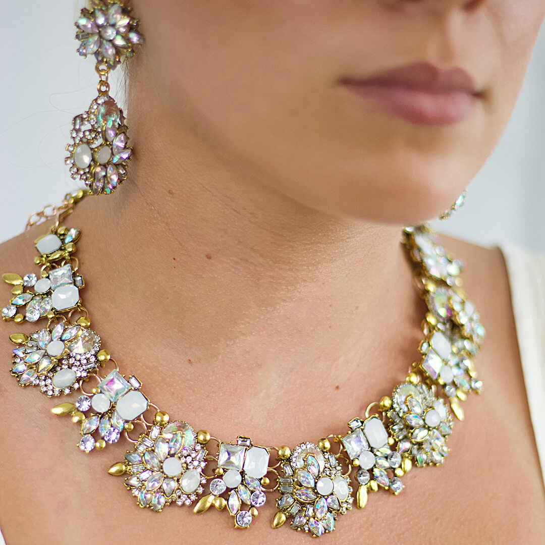 Vintage Crystal Statement Jewellery Set Georgia showing the necklace &amp; Matching earrings- BELLEDESOIREE