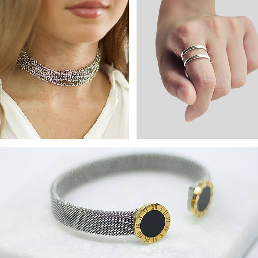 Crystal Silver Choker + Chic Silver Ring + Roman Mixt Silver Gold Bracelet- Belle de Soiree new jewellery bundle