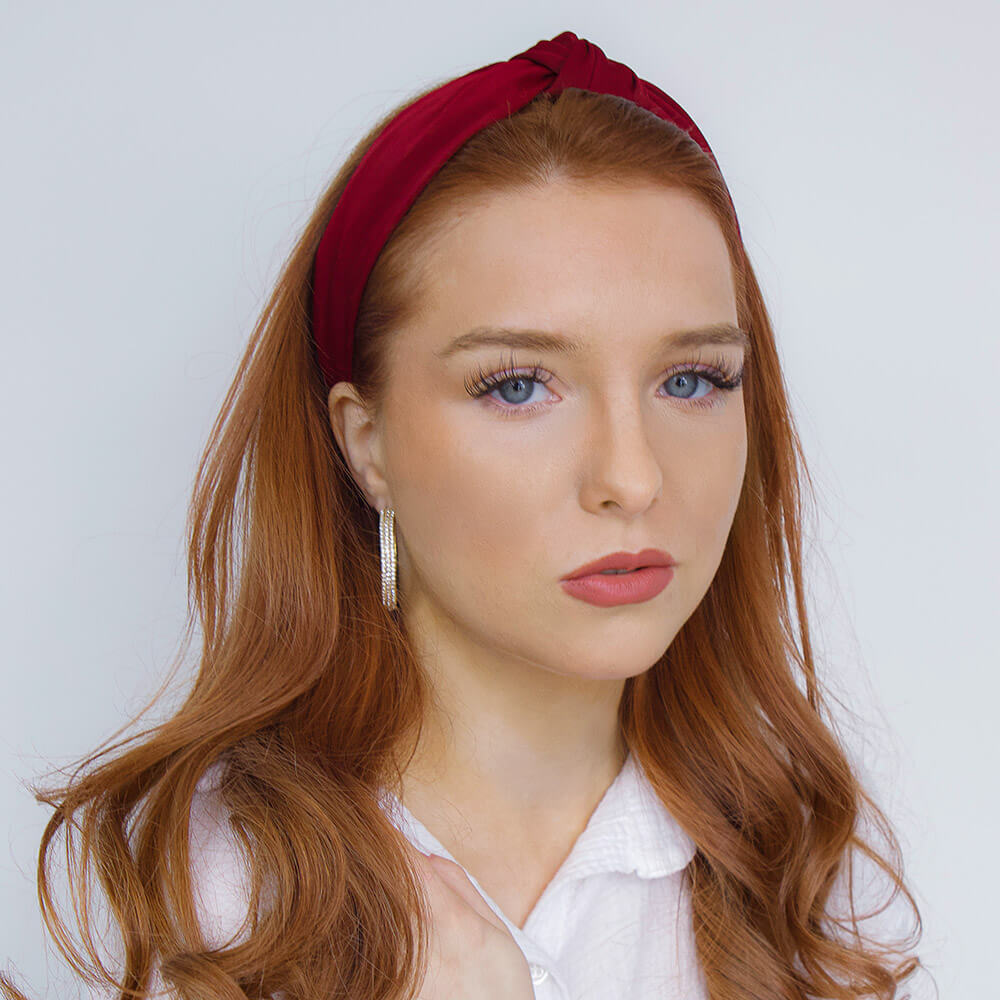 Crystal Gold Hoop Earrings shown on a model with long red hair -BELLE DE SOIREE Crystal Gold Hoop Earrings Karina