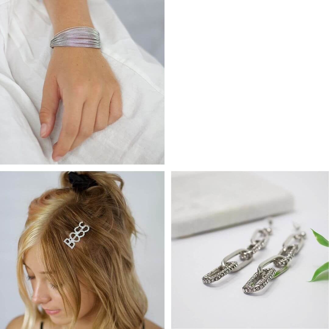 Statement Crystal Hair Grip + Wire Silver Bangle + Rhinestone Silver Link Earrings-Belle de Soiree crystal jewellery bundle on sale-belledesoiree