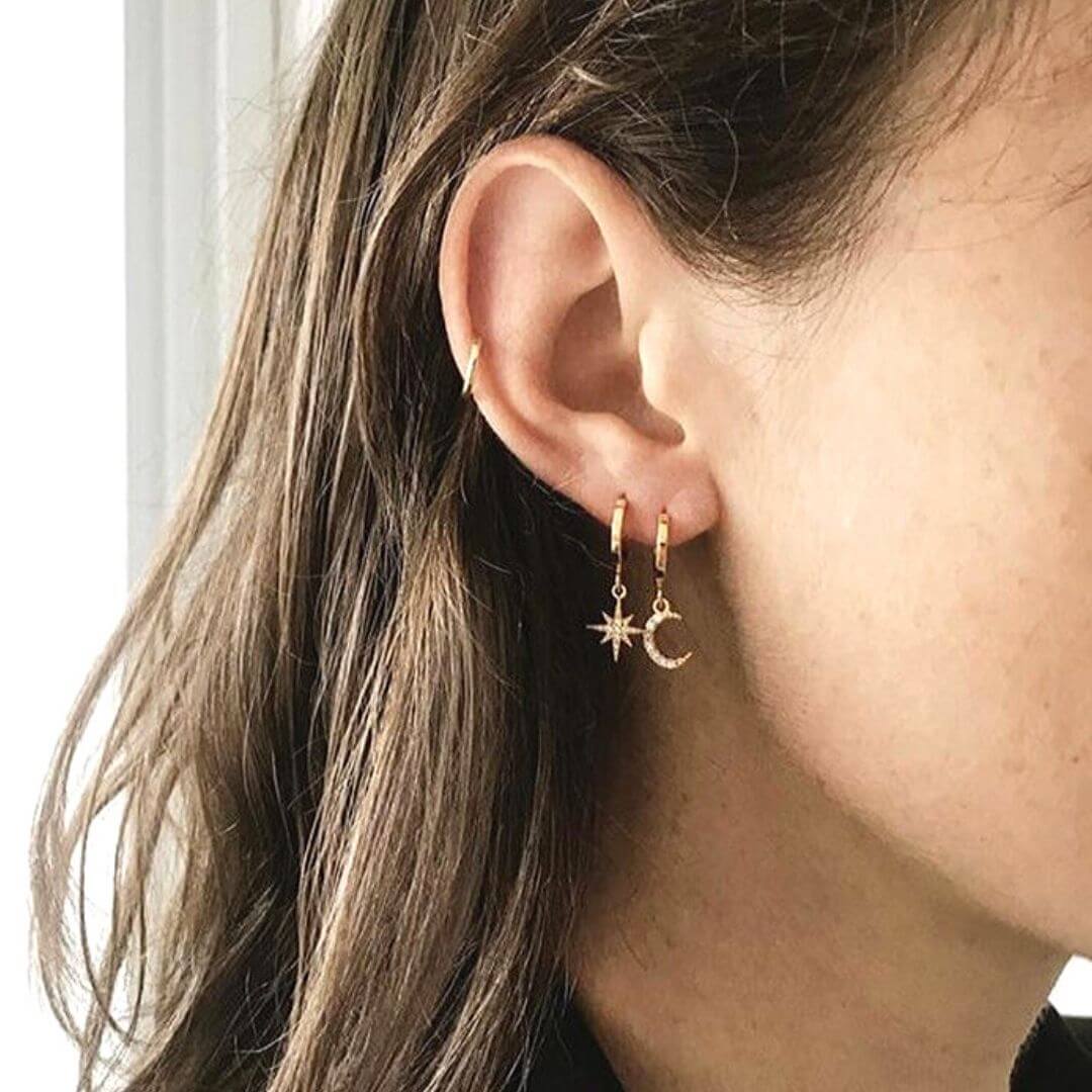 Dangle Asymmetric Make Me Dream Earrings shown on a model- BELLE DE SOIREE dangle earrings