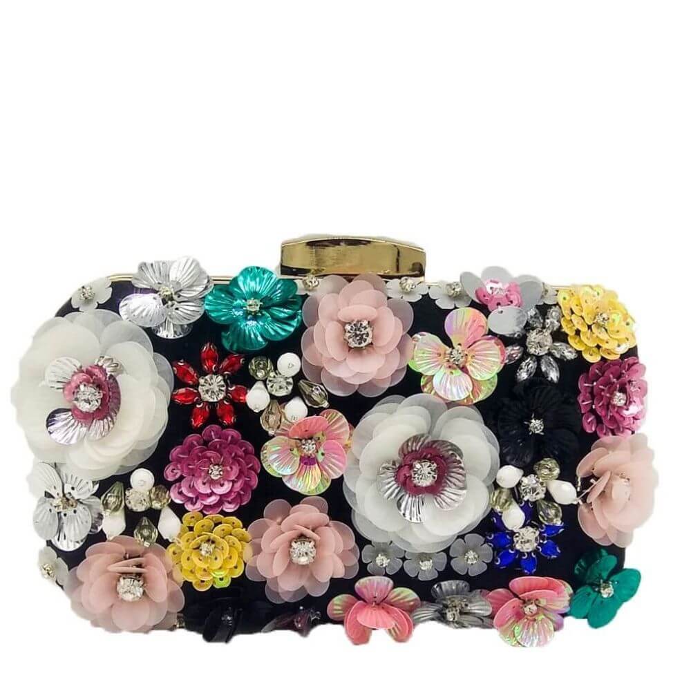  Flower Evening Crystal Clutch Tania with a black background on the bag- Belle de Soiree flower evening crystal clutch Tania