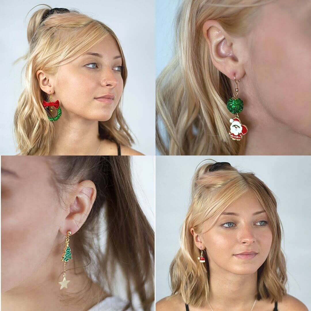 Fun Christmas Earrings on a Model- BELLEDESOIREE