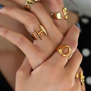 Gold Color Letter Adjustable Rings-belledesoiree